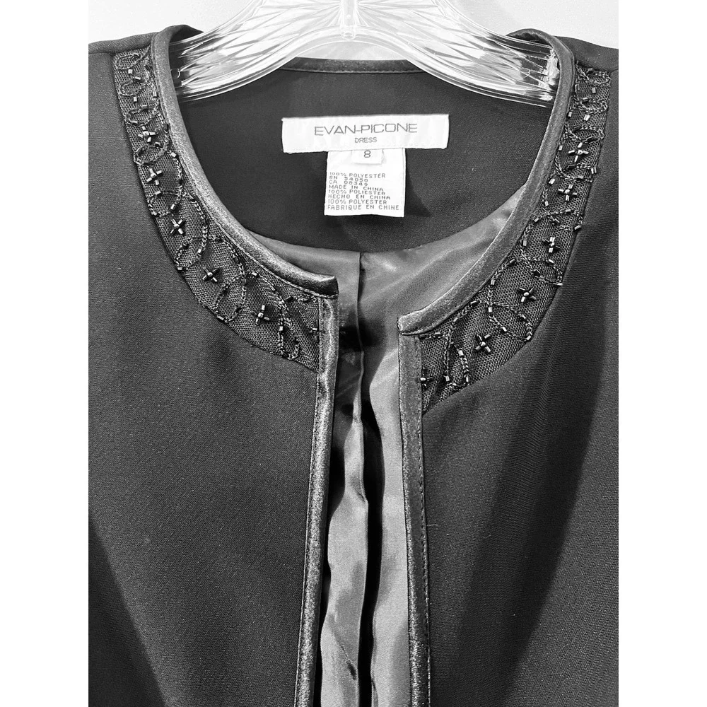 Evan-Picone Dress Jacket Sz 8 Black Beaded Mesh Trim Open Front Career Formal